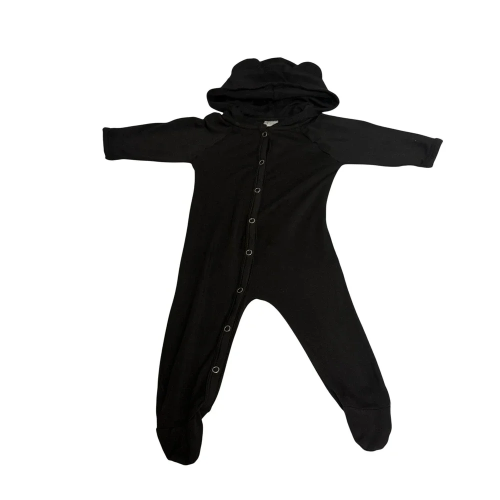 Kate Quinn Bamboo Black‎ Hooded Footie Romper with Bear Ears 0-3M Snap Front
